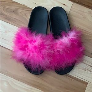 Pink and White Faux Fur Slippers
